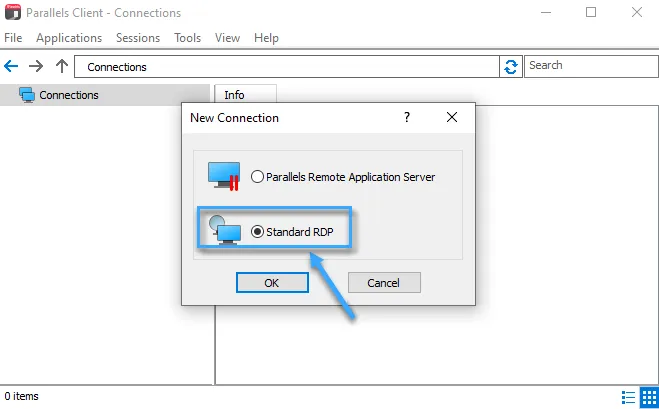 Nhấp vào RDP connection và chọn standard RDP