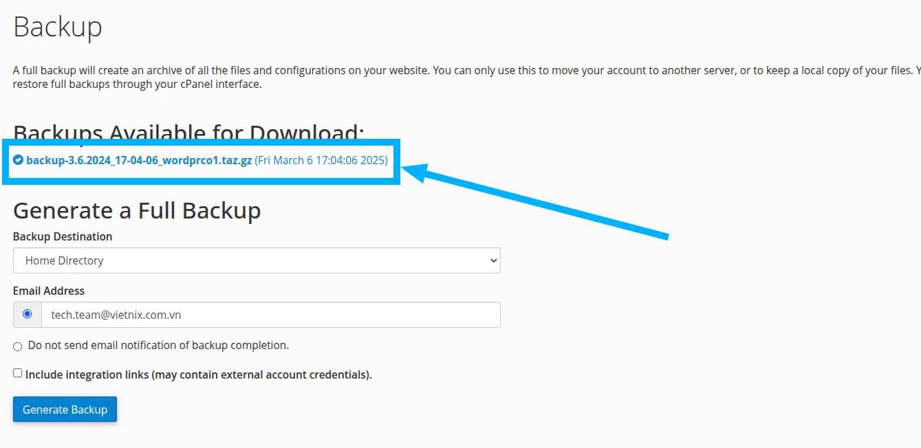 Tải tệp backup