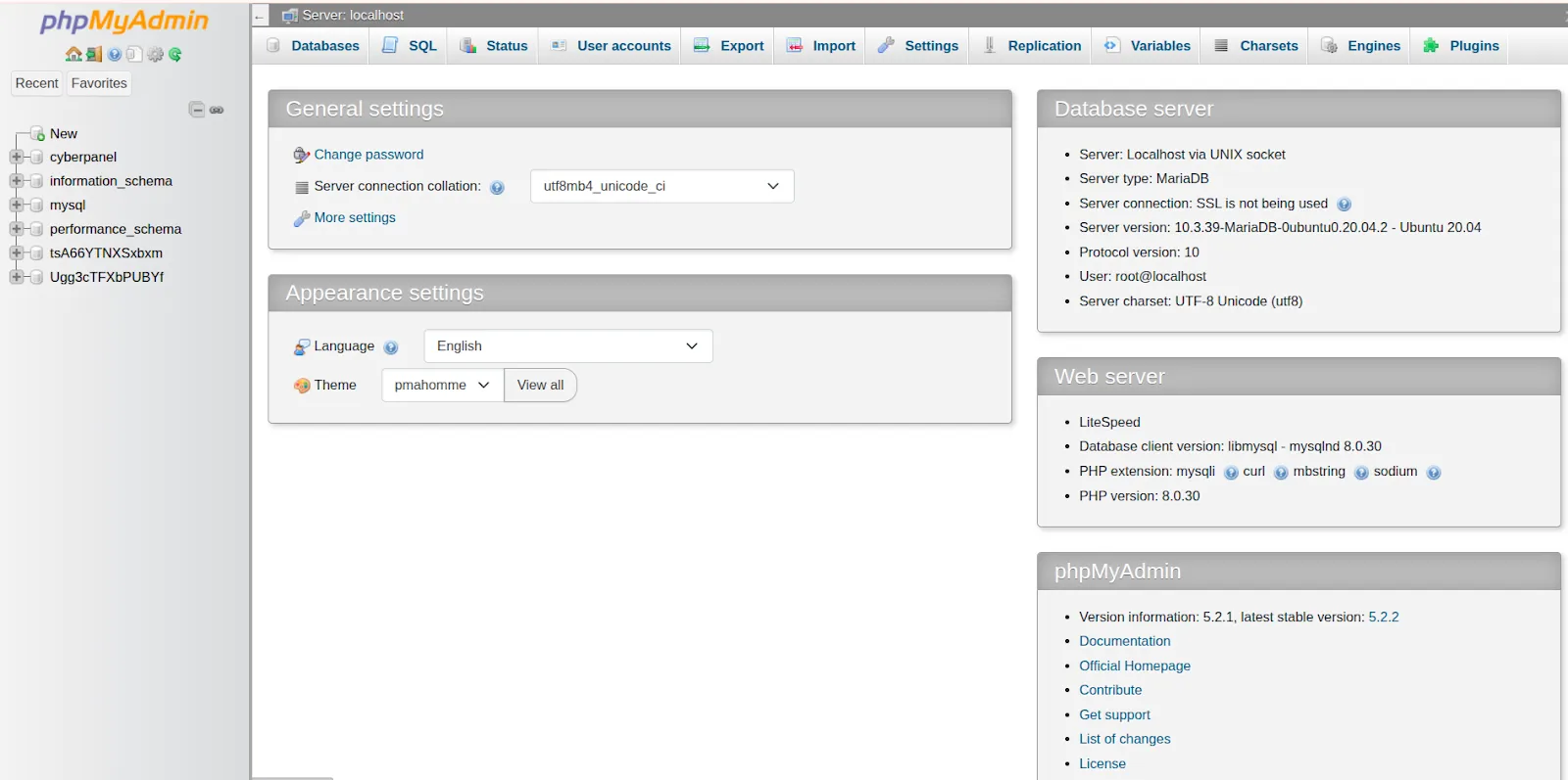Truy cập trang phpMyAdmin