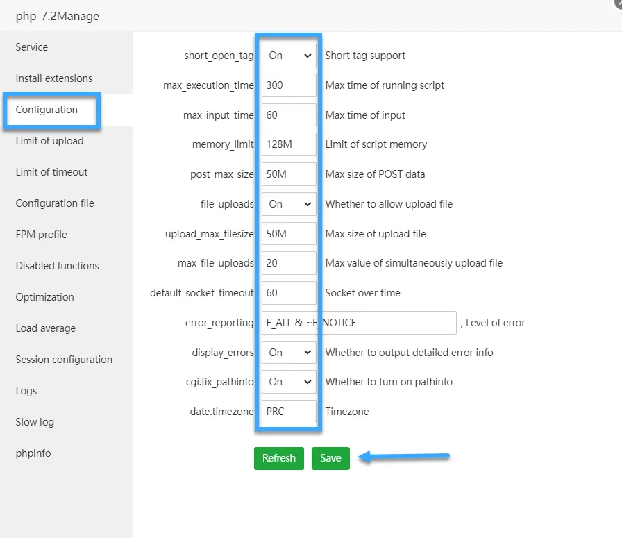 Chọn Configuration và tùy chỉnh các thông số cấu hình PHP như mong muốn