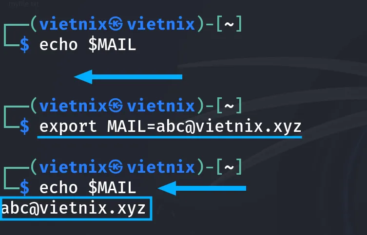 Biến MAIL đã cập nhật và địa chỉ email được thiết lập thành công