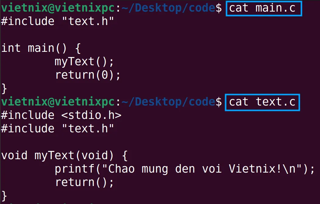 Các file main.c, text.c và text.h