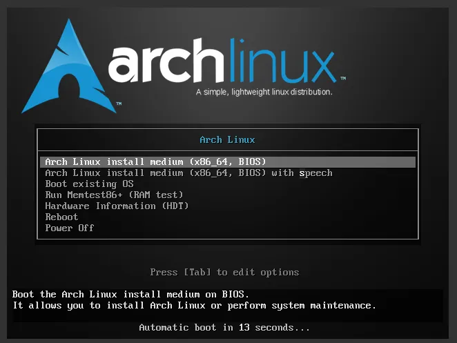 Các tùy chọn khi khởi động Arch Linux