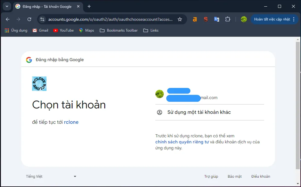 5 bước backup dữ liệu DirectAdmin lên Google Drive 48 Chọn tài khoản Gmail để liên kết Rclone