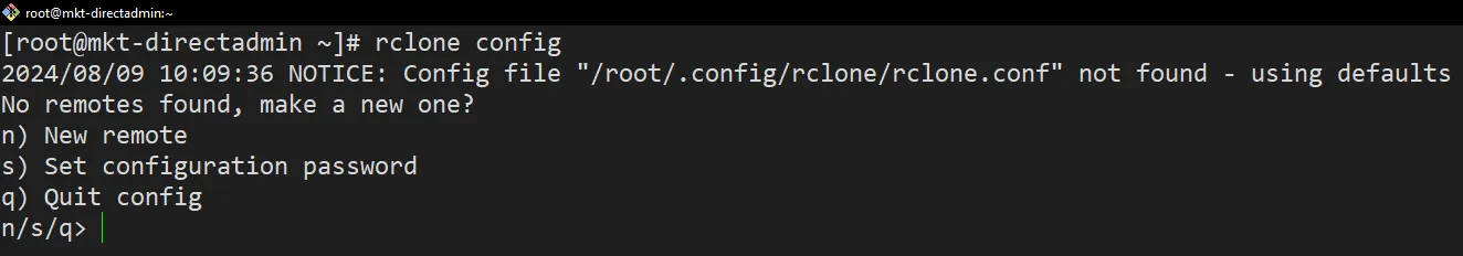 5 bước backup dữ liệu DirectAdmin lên Google Drive 40 Chạy lệnh rclone config để cấu hình Rclone