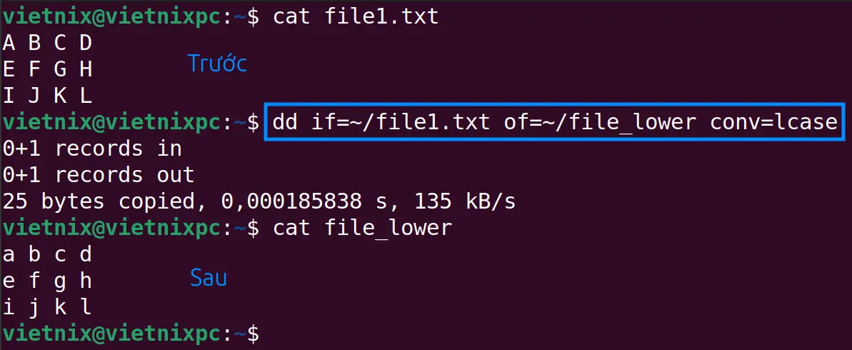 Lệnh dd sẽ tạo một bản sao của "file1.txt" với tên "file_lower" và tất cả nội dung sẽ được chuyển thành chữ thường