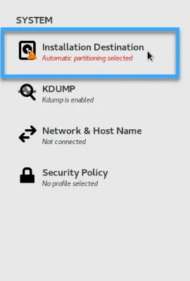 Hệ thống chuyển qua mục Installation Destination để chọn ổ đĩa cài đặt Almalinux