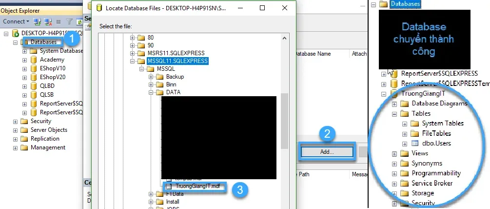 Database được khôi phục và có trong SQL Server