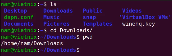 Di chuyển vào thư mục con Downloads