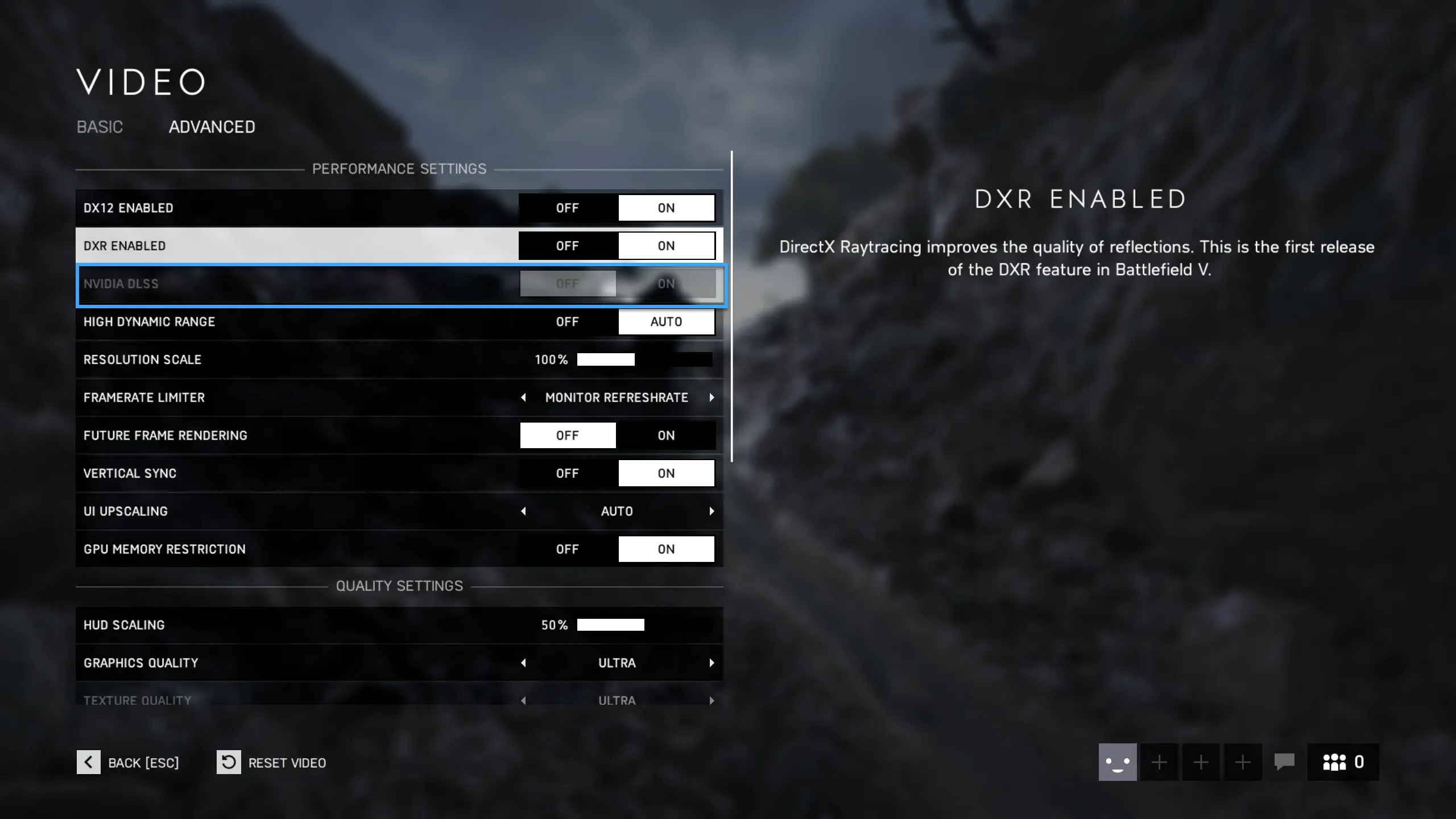 Mở DLSS trong phần cài đặt của Battlefield V