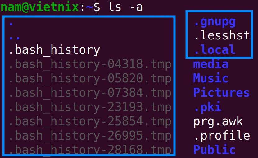 Các file và directory bị ẩn đã hiện ra