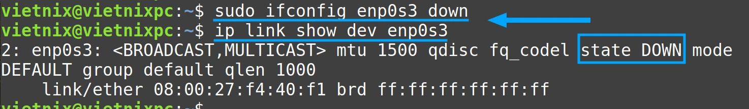 Giao diện enp0s3 đã tắt