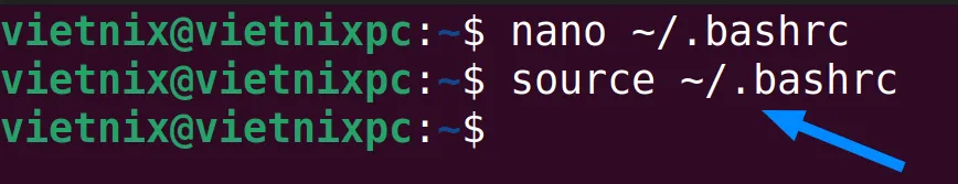 Hai lệnh dùng để mở file .bashrc và cập nhật môi trường