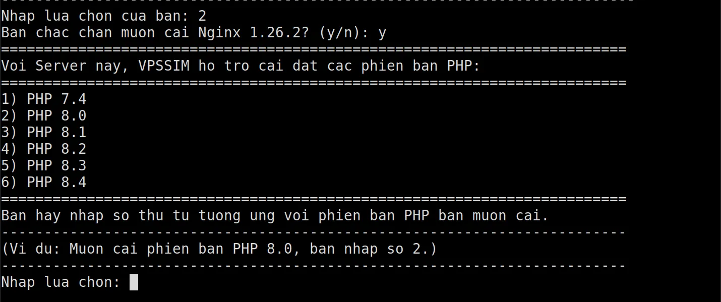Chọn phiên bản PHP cho VPSSIM