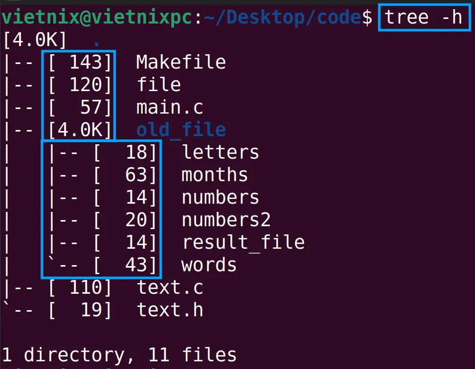 Kích thước của các file và directory đã được hiển thị