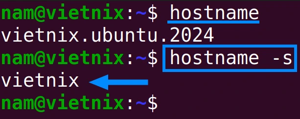 Kiểm tra short hostname bằng lệnh hostname trong Linux
