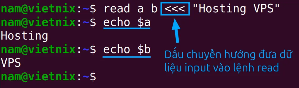 Lệnh read sẽ đọc hai biến từ một chuỗi văn bản thông qua ký hiệu Heredoc