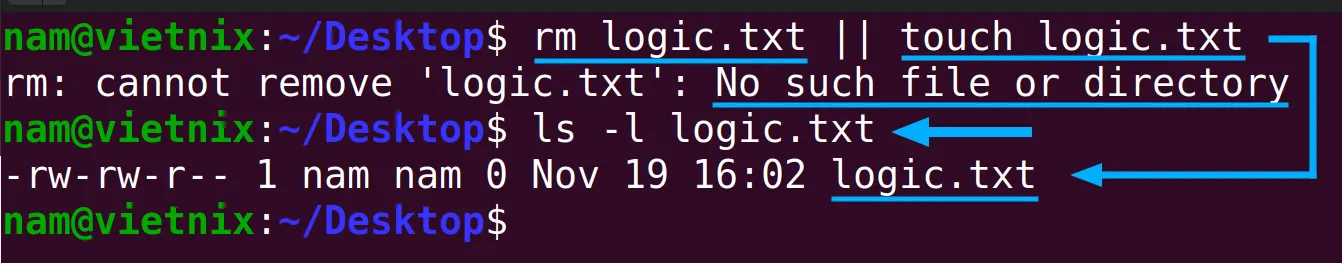 Lệnh rm logic.txt cố gắng xóa file "logic.txt" nhưng không thành công vì file không tồn tại