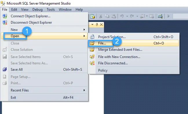 Lấy dữ liệu bằng cách mở SQL Server, chọn File, chọn Open rồi đến File