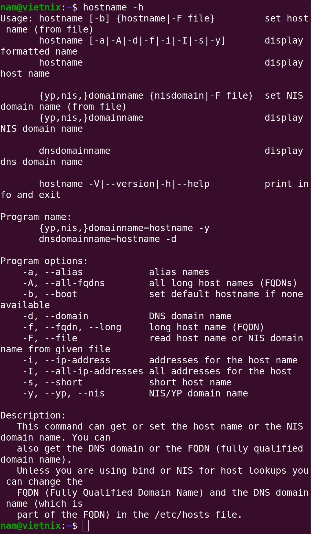 Nhận trợ giúp về lệnh hostname trong Linux
