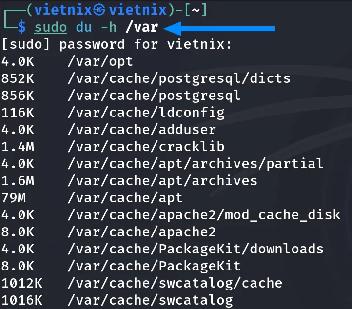 Nhập kèm dòng lệnh sudo theo cú pháp sau để nhận được quyền truy cập root và truy cập nội dụng thư mục