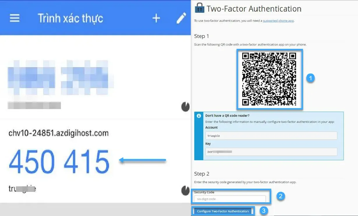 Nhập mã xác thực vào ô Security Code và nhấn Configure Two-Factor Authentication để hoàn tất