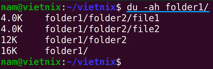Output hiển thị chi tiết dung lượng của từng file và directory con