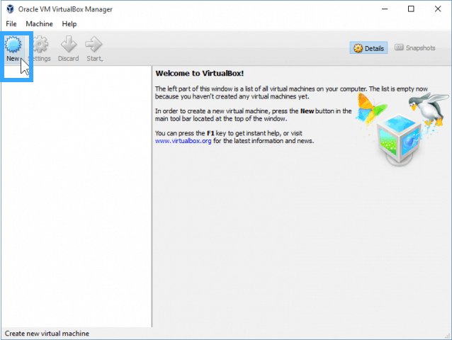 Mở phần mềm VirtualBox > chọn New