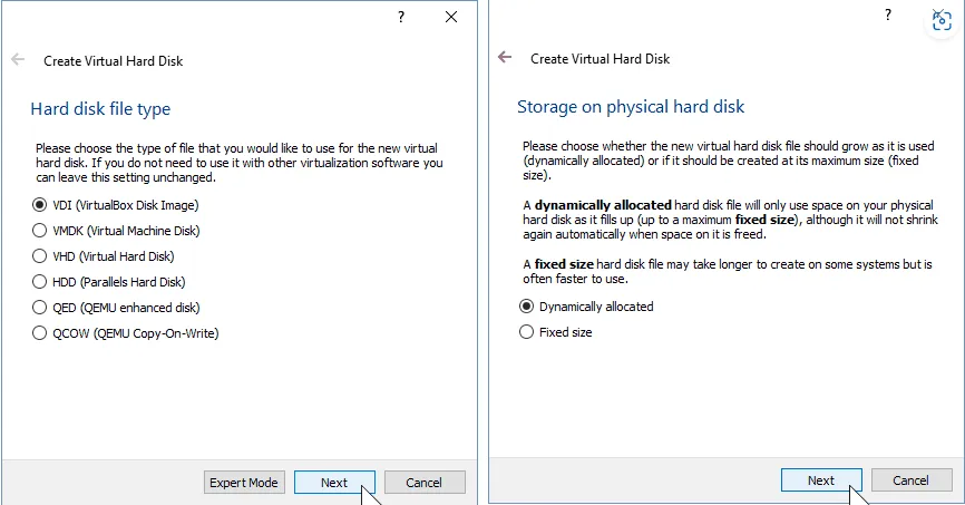 Cài đặt mặc định cho 2 tùy chọn Hard disk file type và Storage on physical hard disk