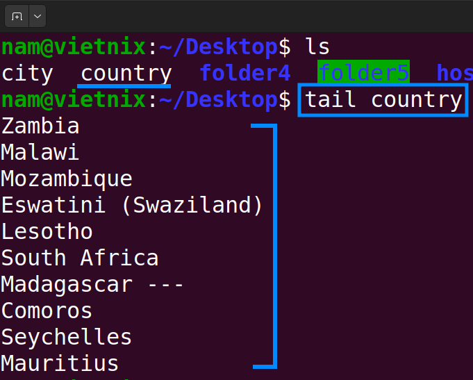 Cách xem 10 dòng cuối của file Country.txt trên màn hình Desktop