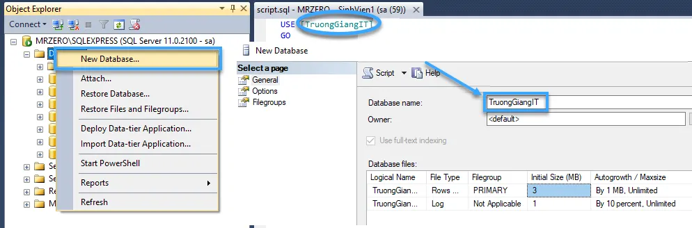 Tạo một database mới có tên giống với database cũ