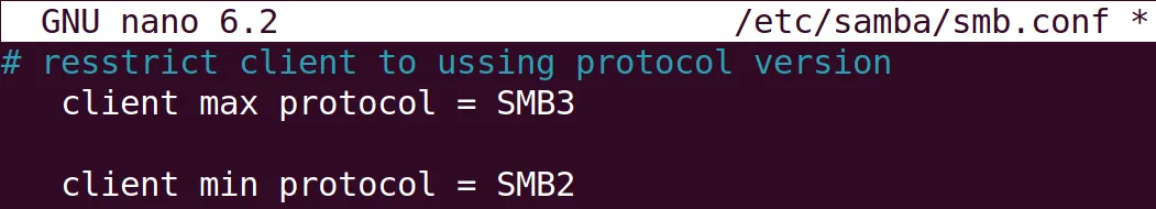 Thiết lập cấu hình cho Samba để chỉ cho phép máy client sử dụng các phiên bản SMB từ SMB2 trở lên (SMB2 và SMB3)