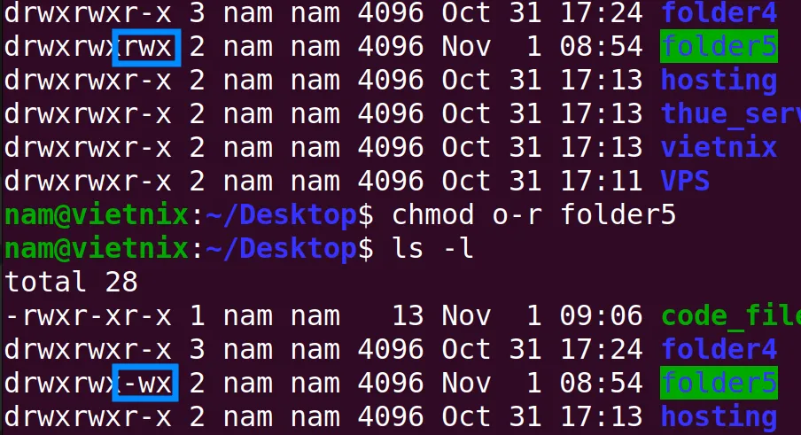 Thu hồi quyền truy cập bằng biểu thức logic của lệnh chmod