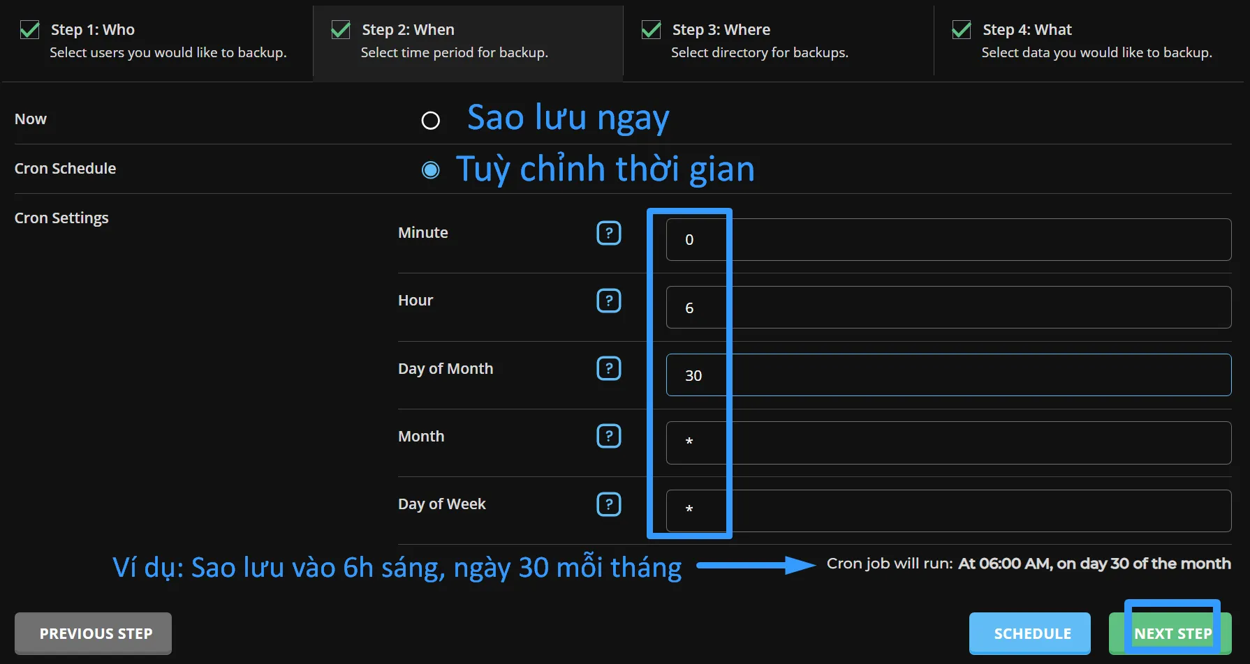 5 bước backup dữ liệu DirectAdmin lên Google Drive 56 Bước 2 tuỳ chỉnh thời gian backup