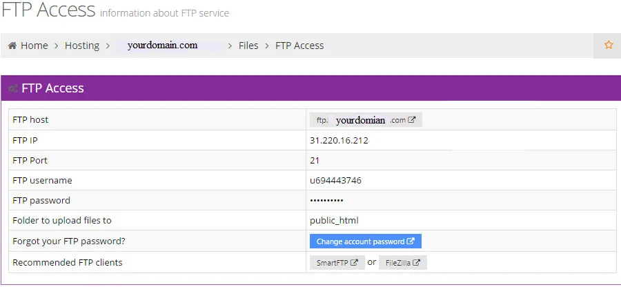 Lấy thông tin từ mục FTP Access