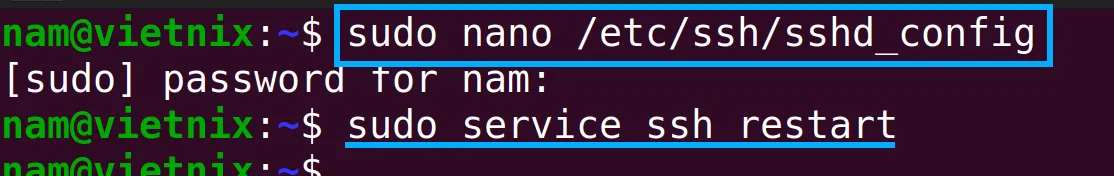 Khởi động lại dịch vụ SSH của server để áp dụng các thay đổi