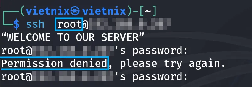 Đăng nhập với tư cách người dùng root, thông báo “Permission denied” sẽ hiển thị