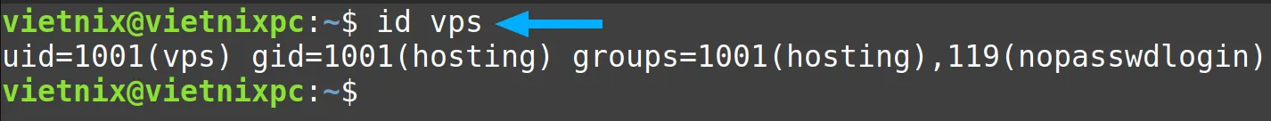 Xem thông tin UID của user "vps"