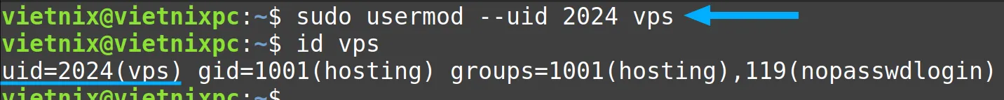 Thay đổi UID bằng lệnh usermod