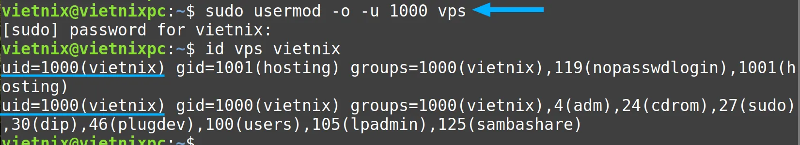 Output UID đã được thay đổi