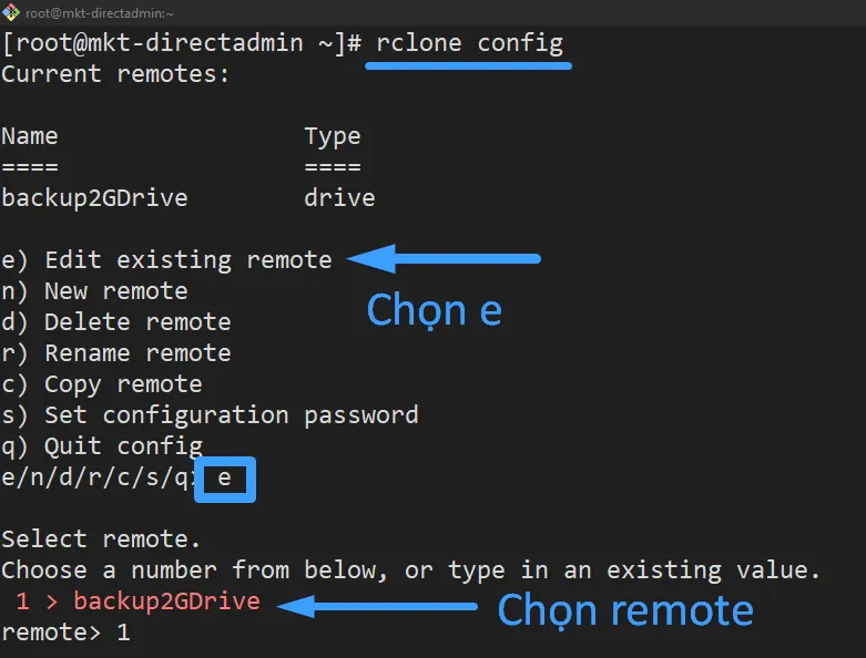 5 bước backup dữ liệu DirectAdmin lên Google Drive 51 Gõ rclone config để xem các backup remote
