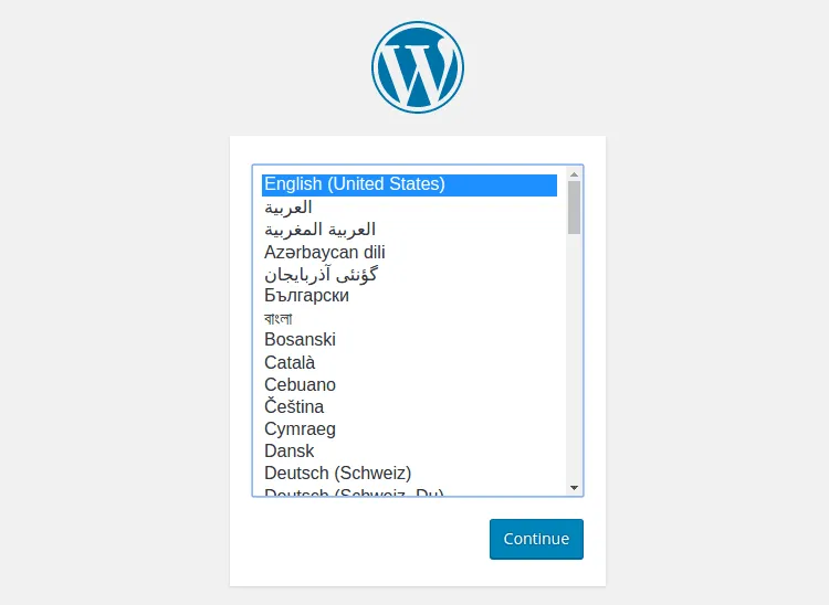 Màn hình chọn ngôn ngữ trong quá trình cài đặt WordPress