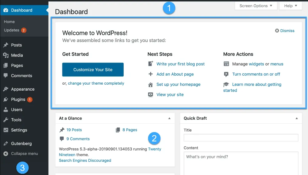 Giao diện khi bắt đầu sử dụng WordPress