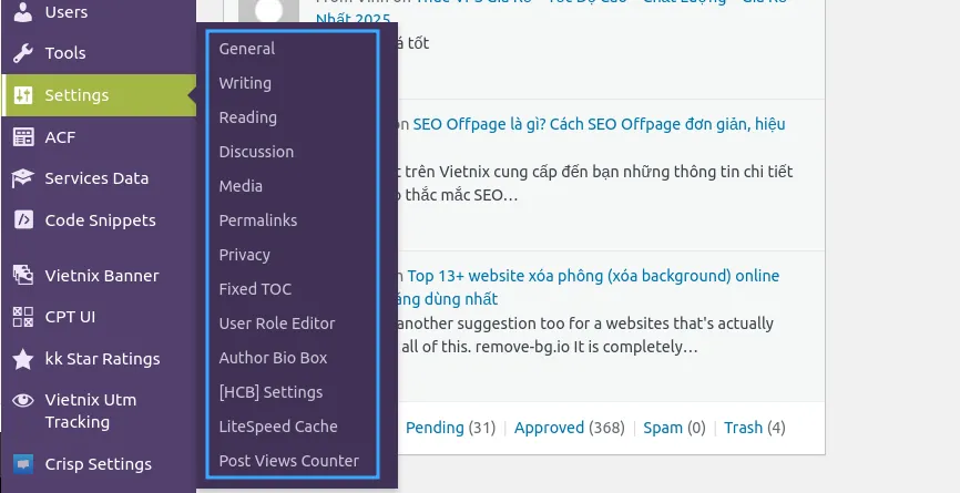 Tab Settings trong WordPress