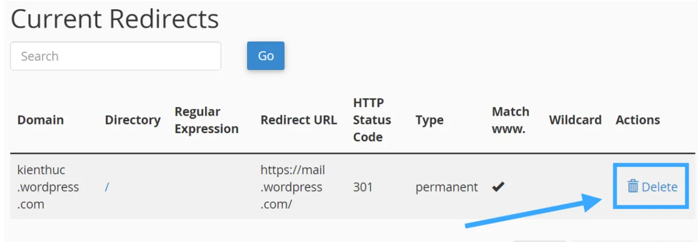 Bấm Delete ở dòng redirects muốn xóa