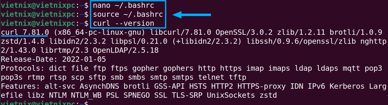 Hướng dẫn sửa lỗi Bash: Curl: command not found trên hệ thống Linux chi tiết, dễ hiểu 20 Chạy lại lệnh curl --version để kiểm tra xem đã hoạt động chưa