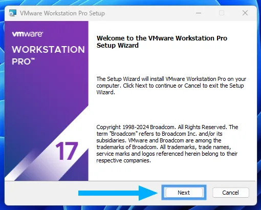 Chọn Next để tiếp tục cài đặt VMware