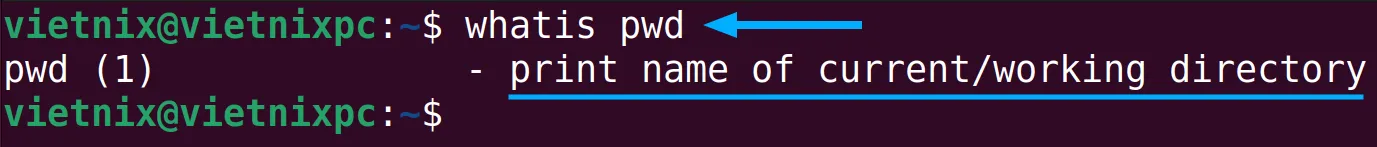 Kết quả lệnh whatis cho lệnh pwd trong Linux