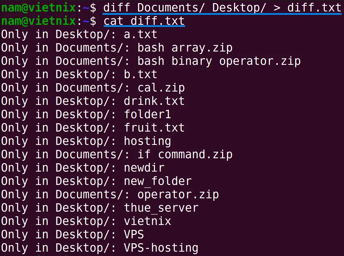 Kết quả chuyển hướng output của lệnh diff trong Linux
