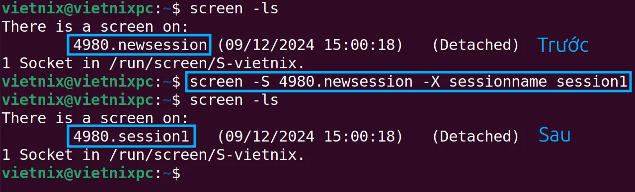 Tên session đã được thay đổi và PID vẫn giữ nguyên